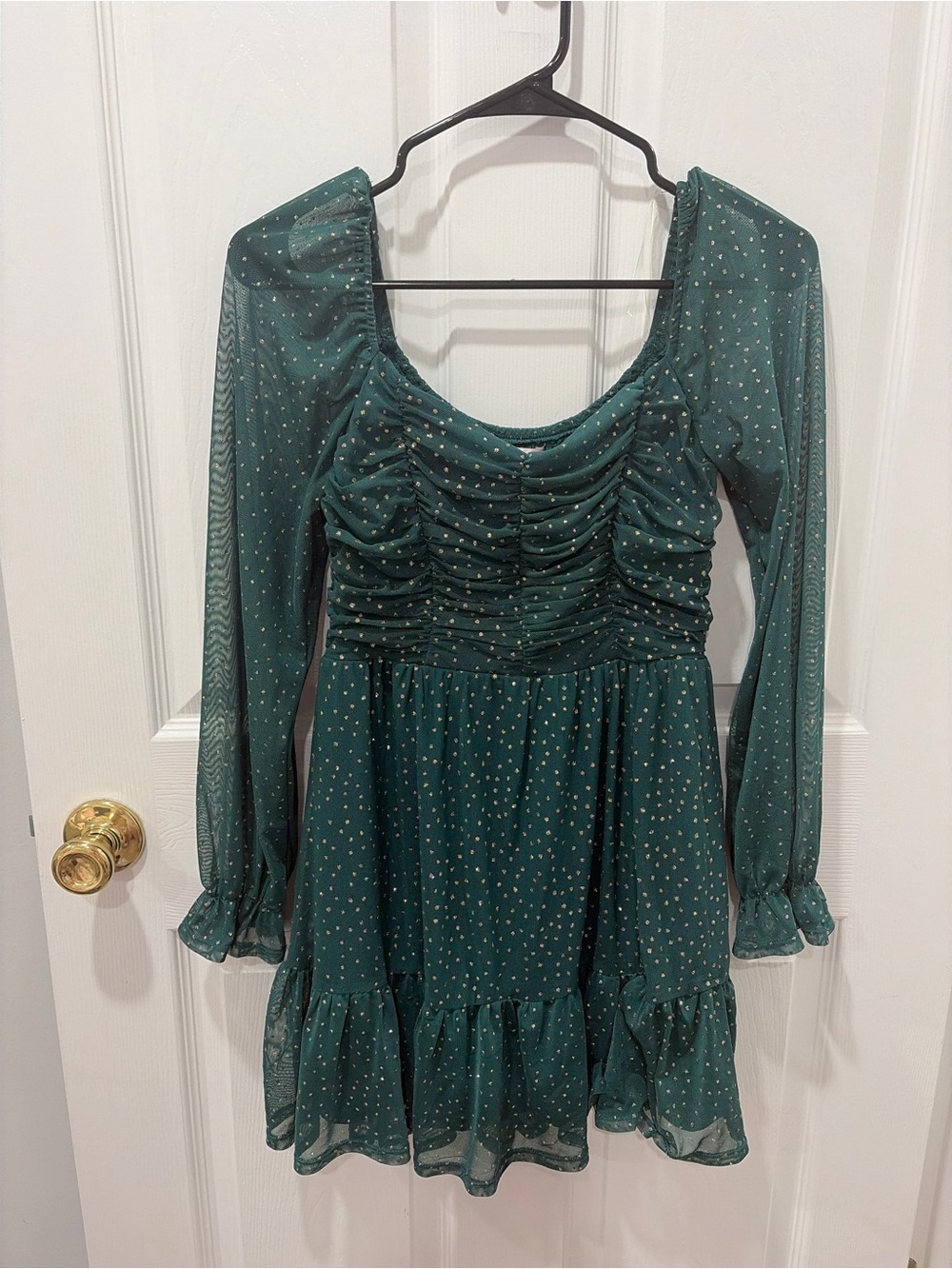 Green Long-Sleeve Ruched Chiffon Dress